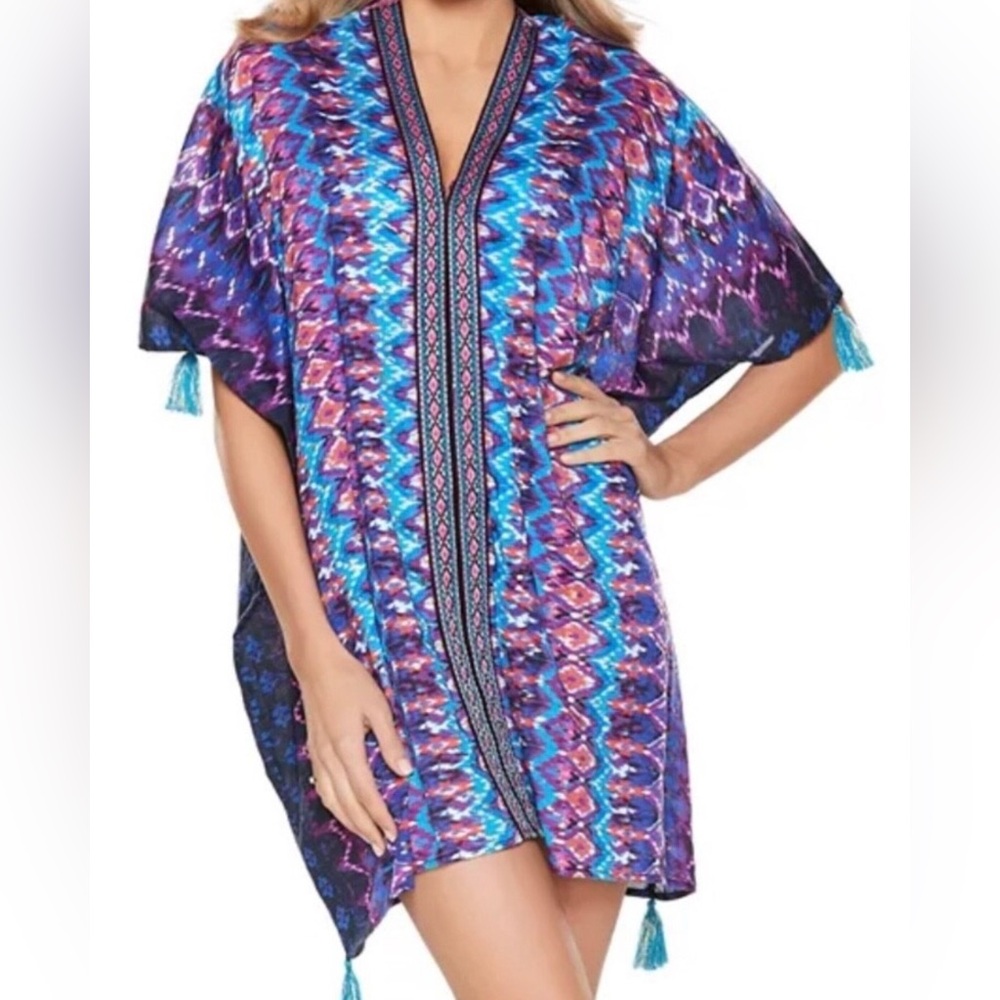 🆕 Miraclesuit Bella Albra Caftan Swim Cover Up Printed, Embroidered - L